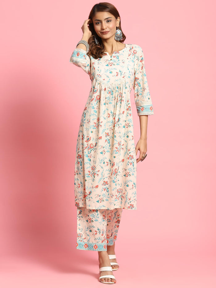 Women Off White Floral Printed Kurta With Comfort Pant.