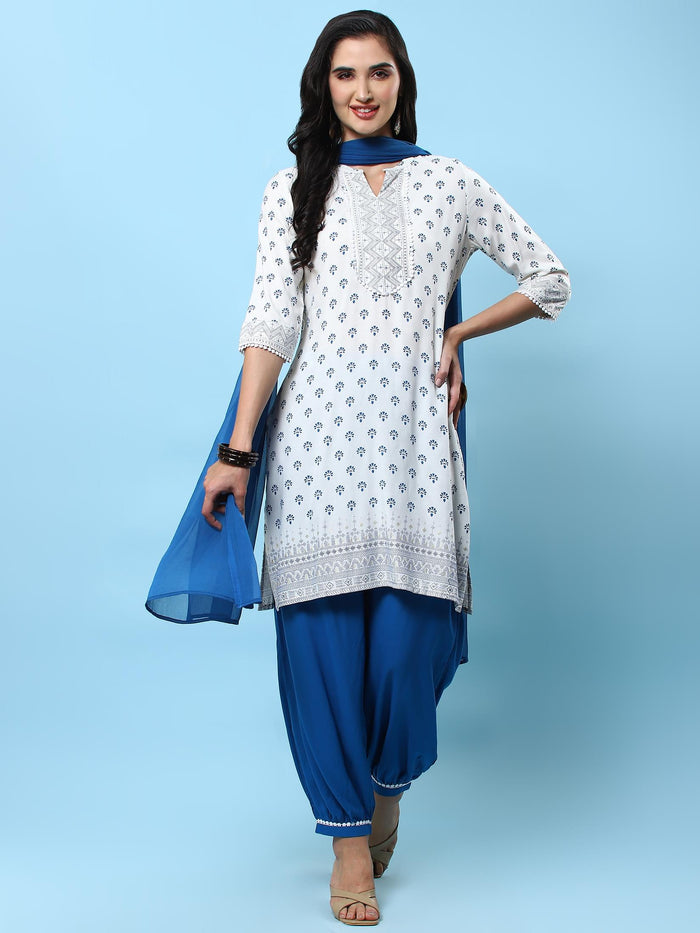 Women Off White Ornamental Printed Kurta Wide Pant Dupatta.
