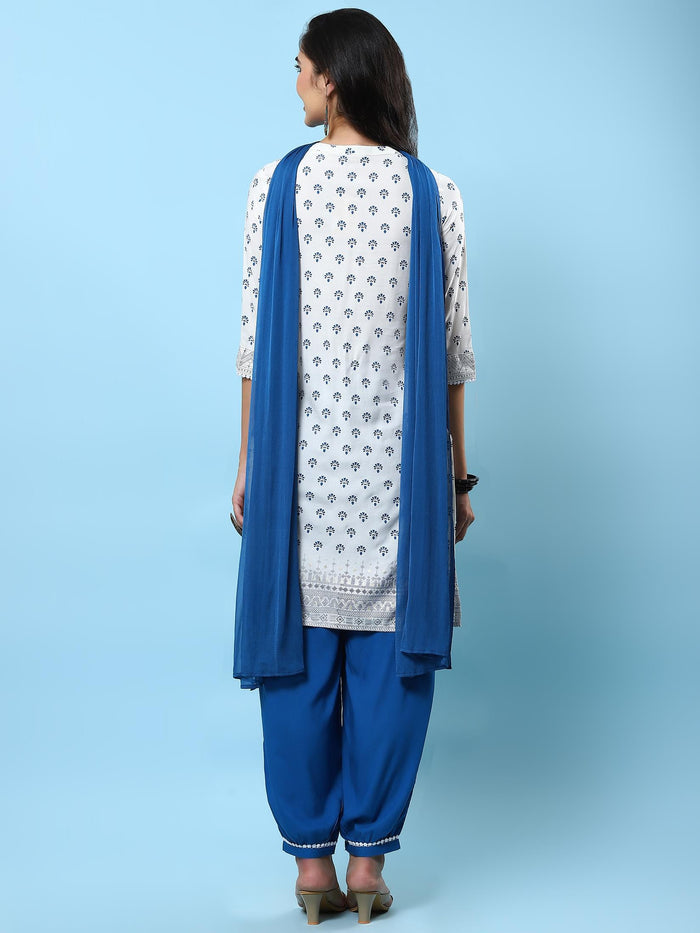 Women Off White Ornamental Printed Kurta Wide Pant Dupatta.