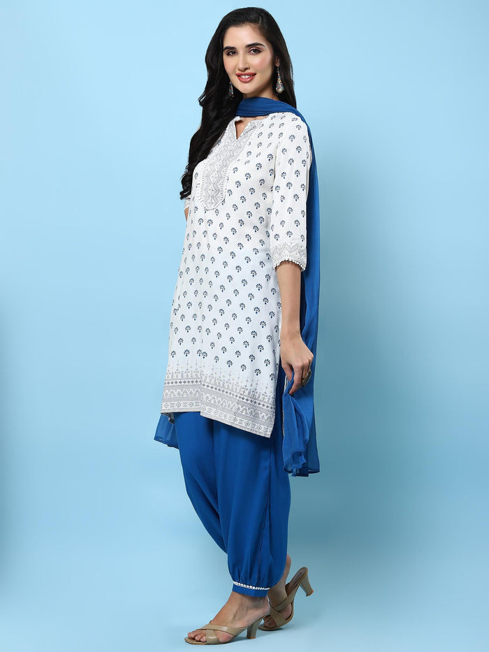 Women Off White Ornamental Printed Kurta Wide Pant Dupatta.