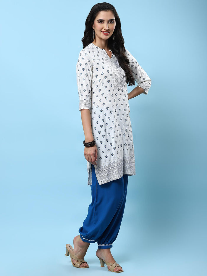 Women Off White Ornamental Printed Kurta Wide Pant Dupatta.