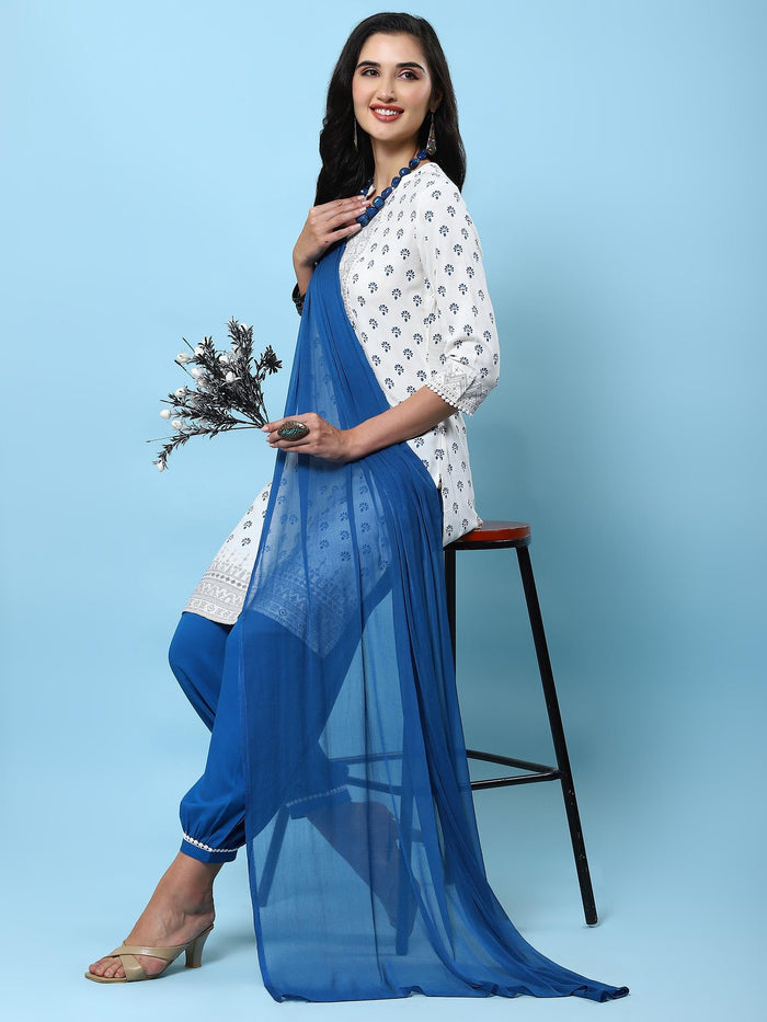 Women Off White Ornamental Printed Kurta Wide Pant Dupatta.