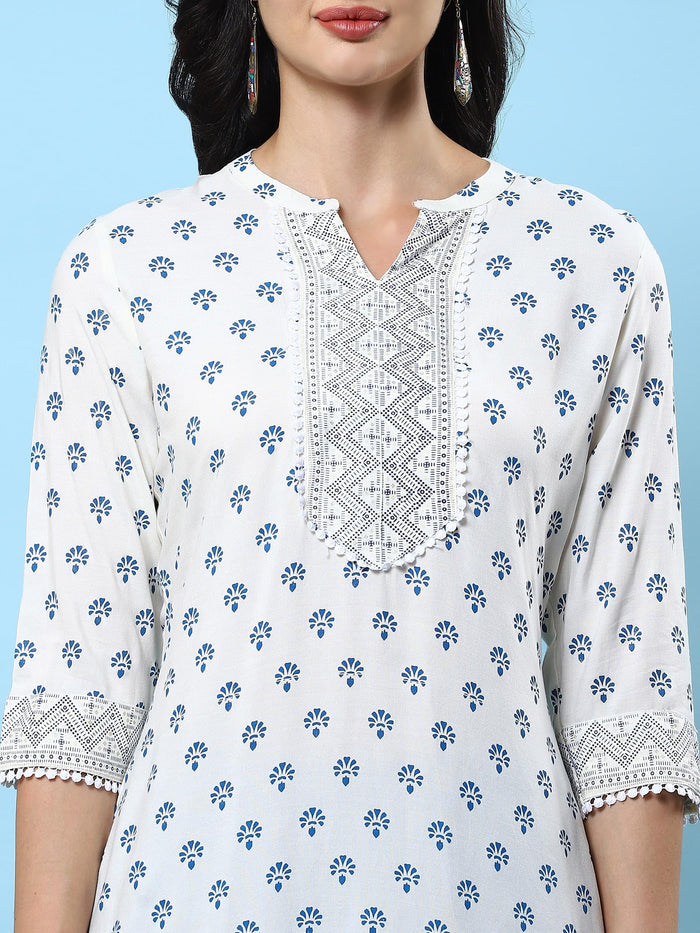 Women Off White Ornamental Printed Kurta Wide Pant Dupatta.