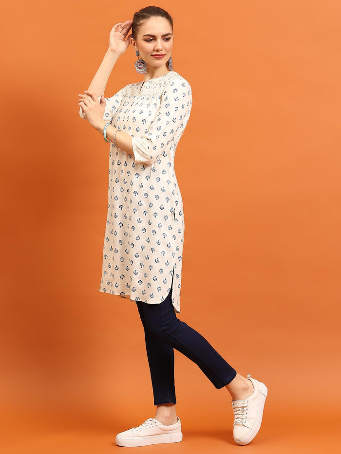 Women Off White Ornamental Printed Kurti.