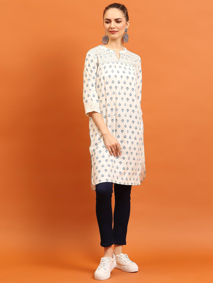 Women Off White Ornamental Printed Kurti.