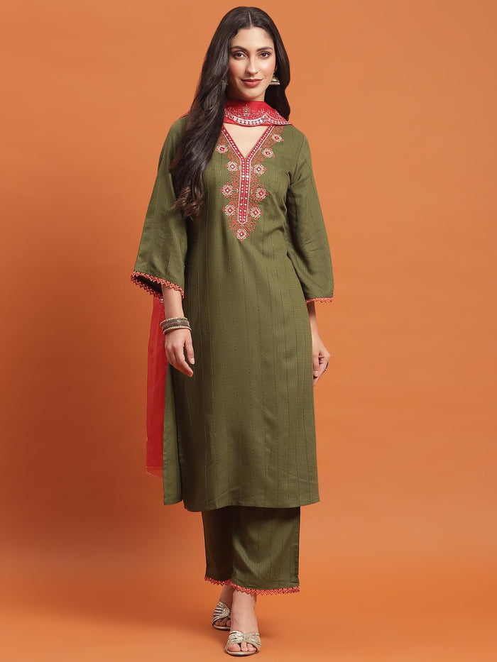 Women Olive Embroidered Kurta Comfort Pant Dupatta.