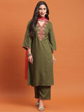 Women Olive Embroidered Kurta Comfort Pant Dupatta.