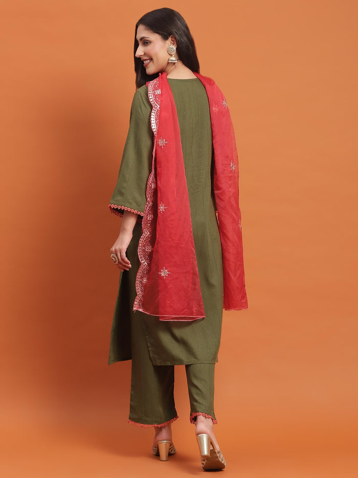 Women Olive Embroidered Kurta Comfort Pant Dupatta.