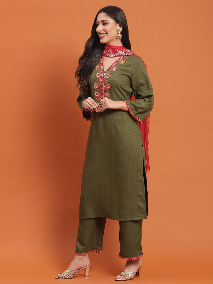 Women Olive Embroidered Kurta Comfort Pant Dupatta.