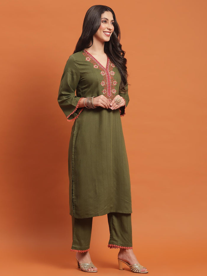 Women Olive Embroidered Kurta Comfort Pant Dupatta.