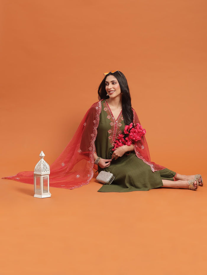 Women Olive Embroidered Kurta Comfort Pant Dupatta.