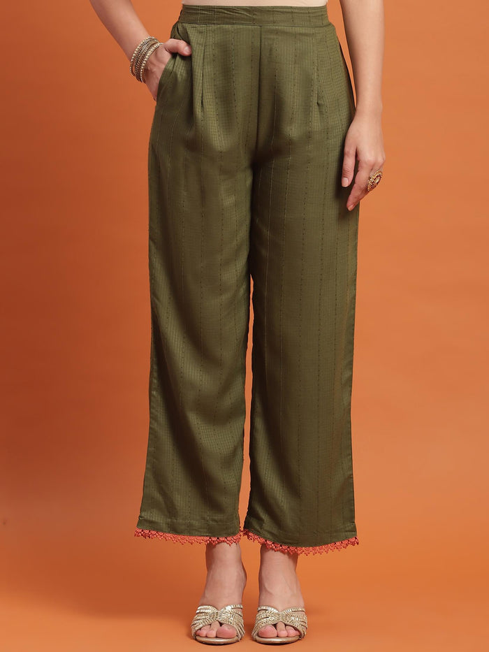 Women Olive Embroidered Kurta Comfort Pant Dupatta.