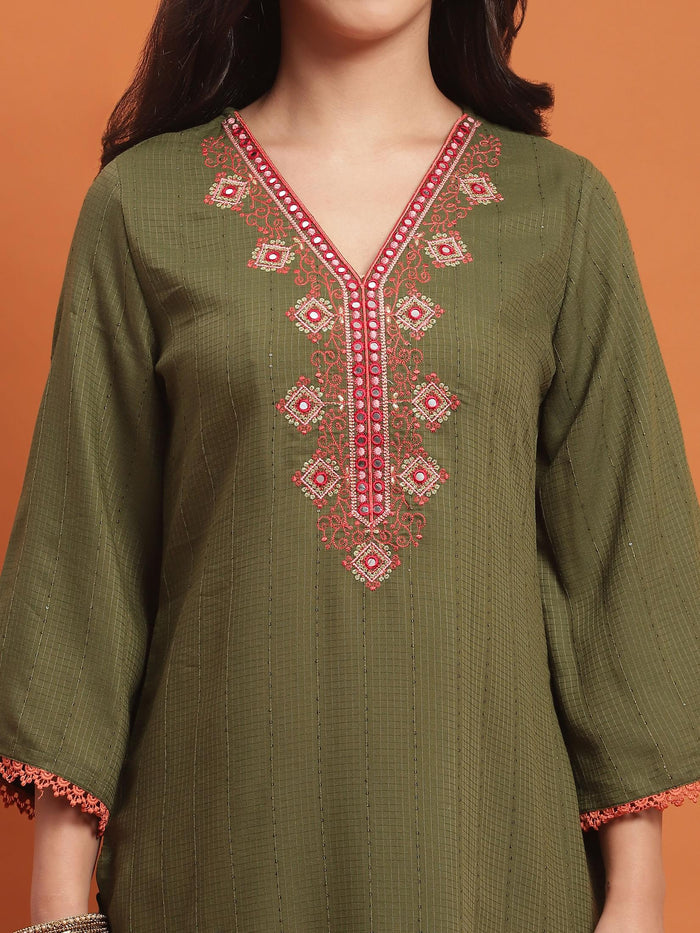 Women Olive Embroidered Kurta Comfort Pant Dupatta.