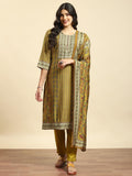 Women Olive Floral Print Kurta Trouser Dupatta.