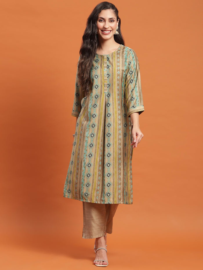 Women Olive Geometric Print Kurta.