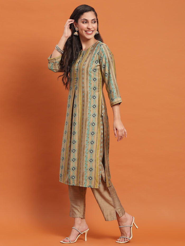 Women Olive Geometric Print Kurta.