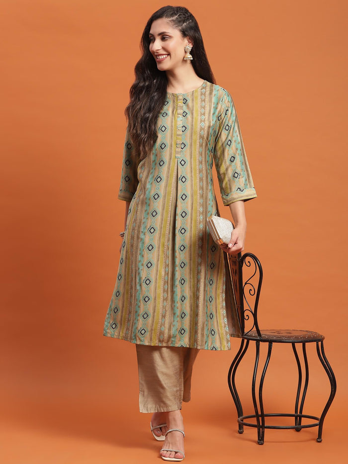 Women Olive Geometric Print Kurta.