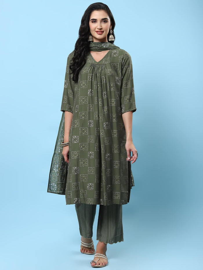 Women Olive Geometric Printed Kurta Comfort Pant Dupatta.