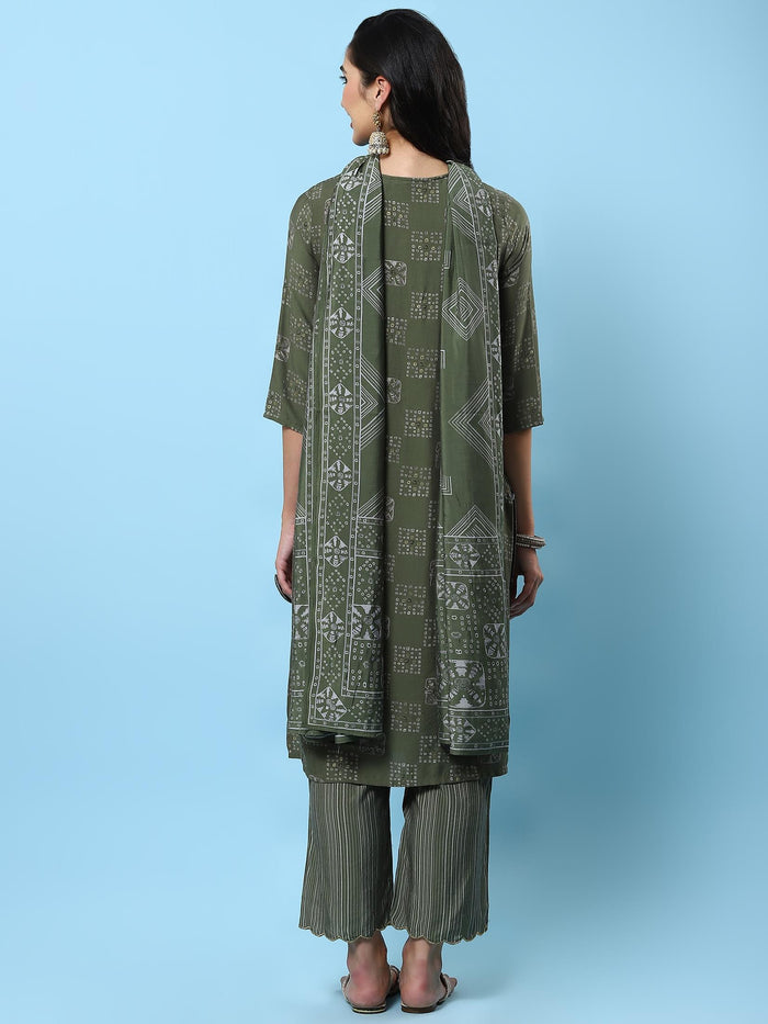 Women Olive Geometric Printed Kurta Comfort Pant Dupatta.