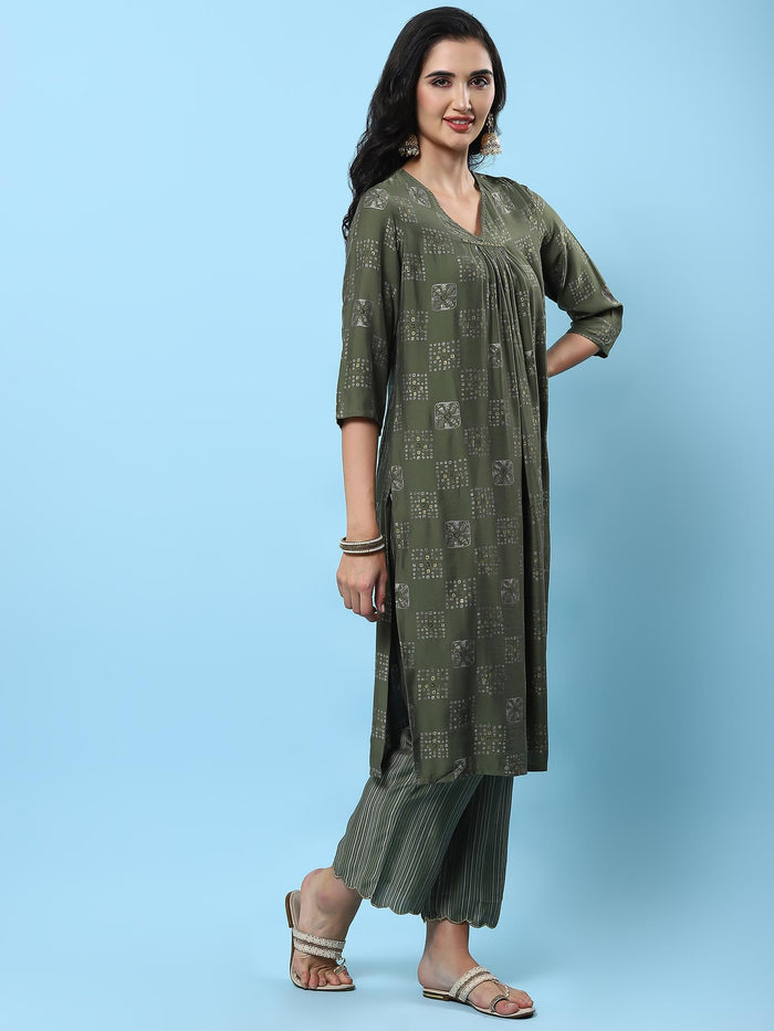 Women Olive Geometric Printed Kurta Comfort Pant Dupatta.
