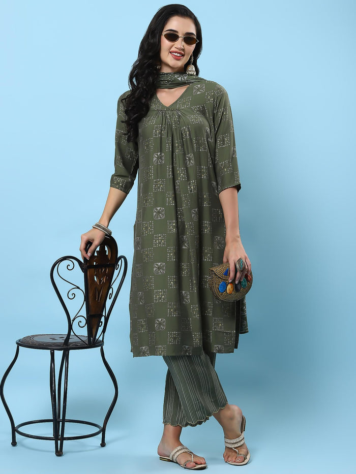 Women Olive Geometric Printed Kurta Comfort Pant Dupatta.