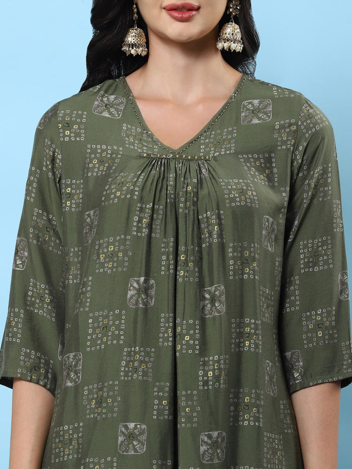 Women Olive Geometric Printed Kurta Comfort Pant Dupatta.