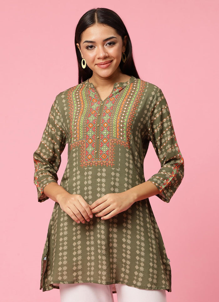 Women Olive Geometric Printed Tunic.