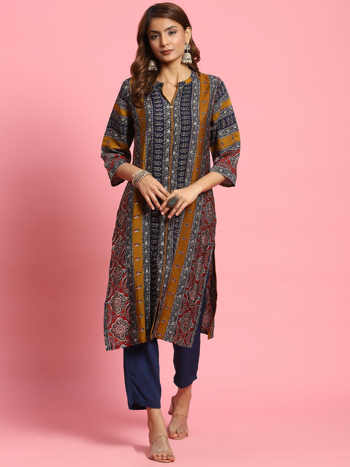 Women Olive Ornamental Printed Kurta.