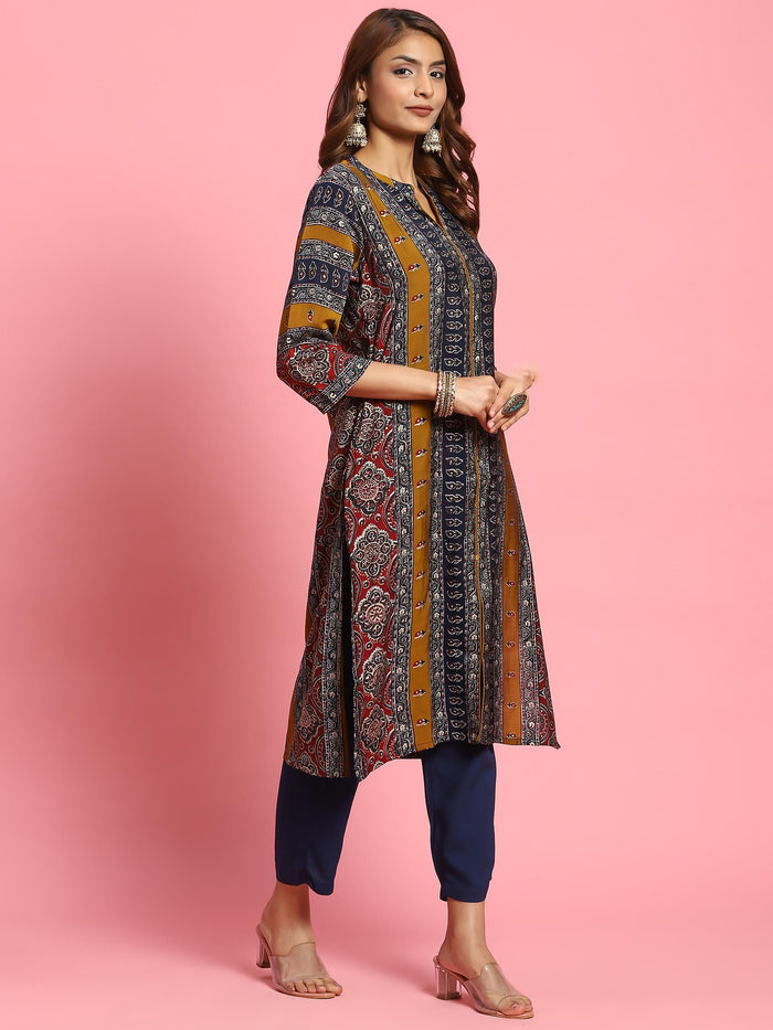 Women Olive Ornamental Printed Kurta.