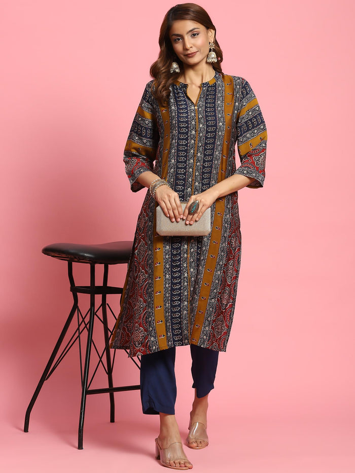 Women Olive Ornamental Printed Kurta.