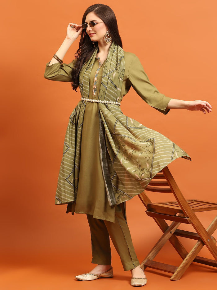 Women Olive Round Neck Kurta Trouser Dupatta.