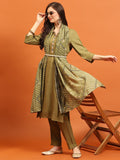 Women Olive Round Neck Kurta Trouser Dupatta.