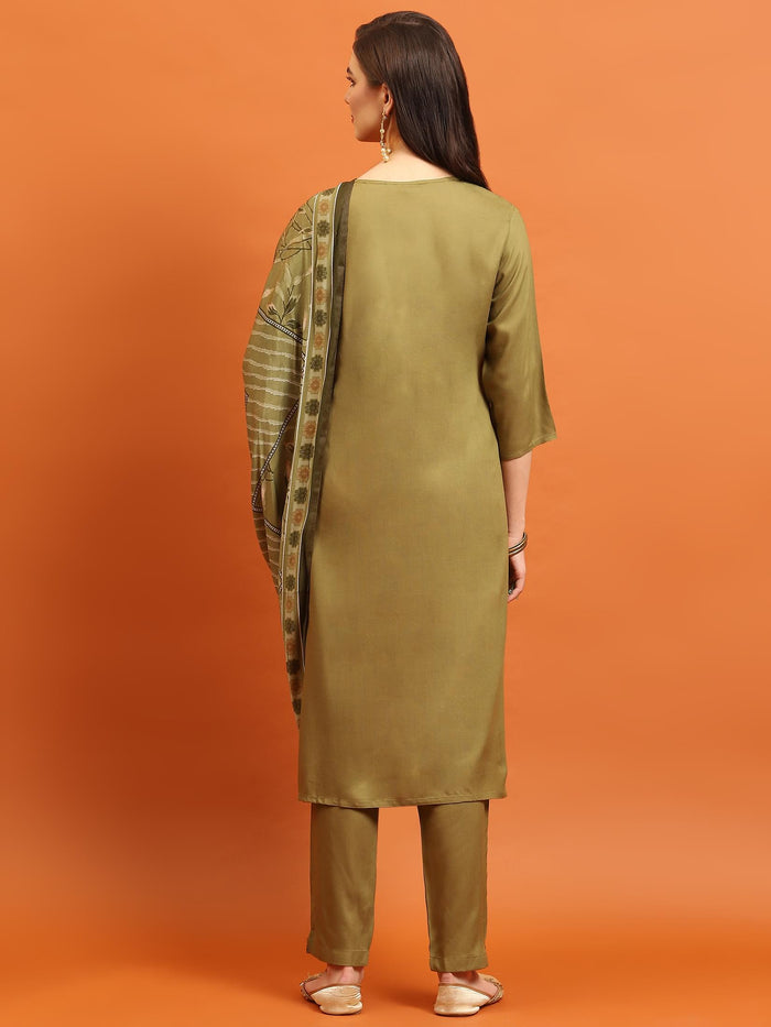 Women Olive Round Neck Kurta Trouser Dupatta.