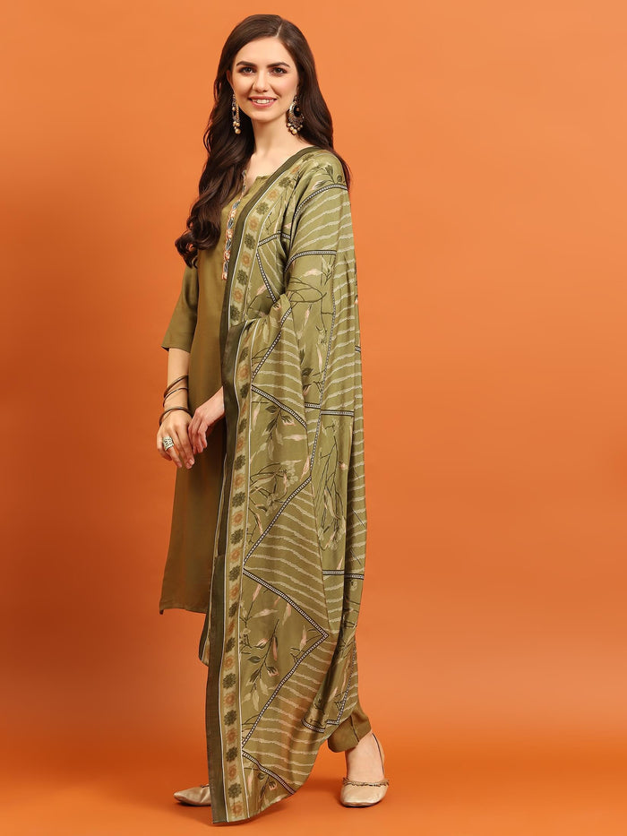 Women Olive Round Neck Kurta Trouser Dupatta.