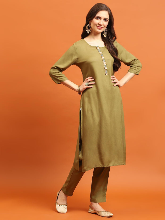 Women Olive Round Neck Kurta Trouser Dupatta.