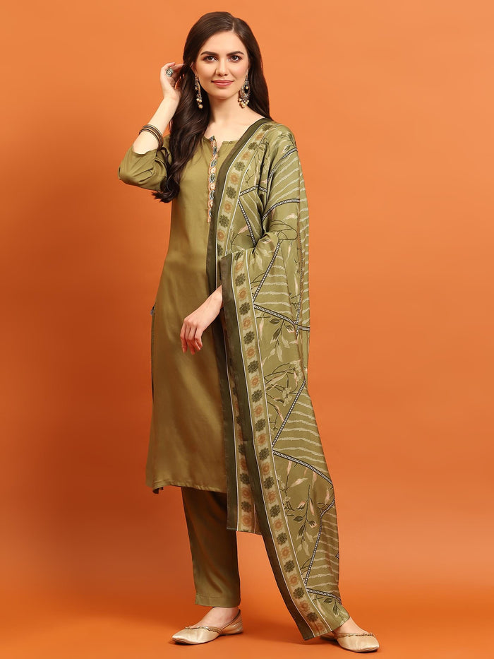 Women Olive Round Neck Kurta Trouser Dupatta.