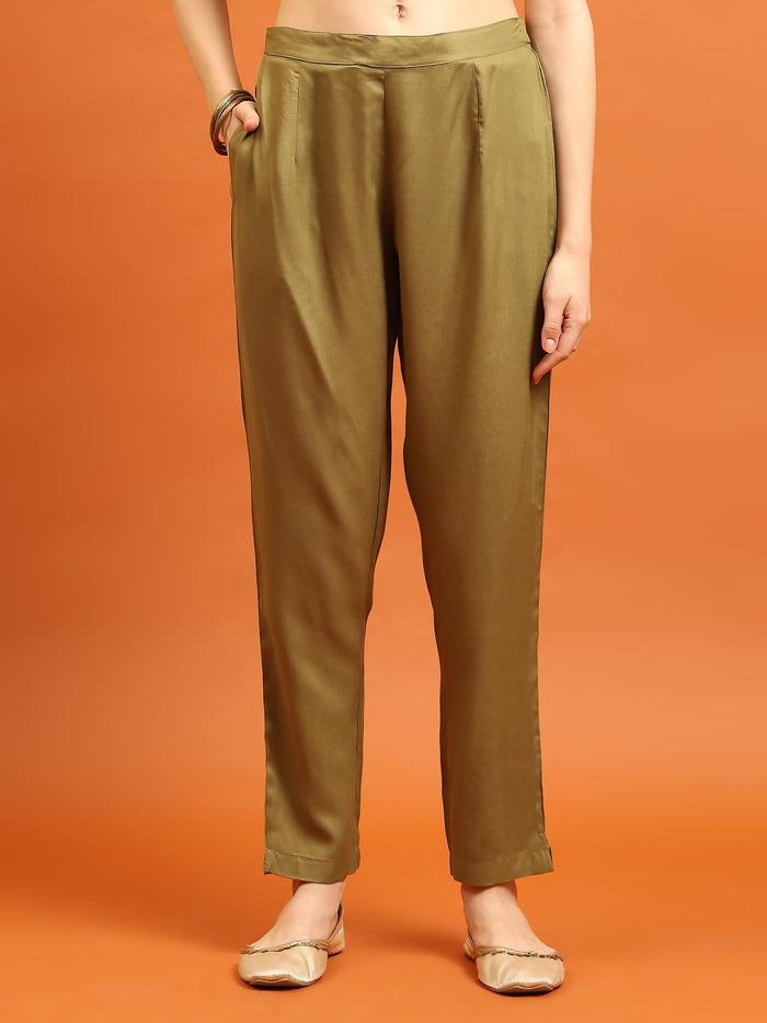 Women Olive Round Neck Kurta Trouser Dupatta.