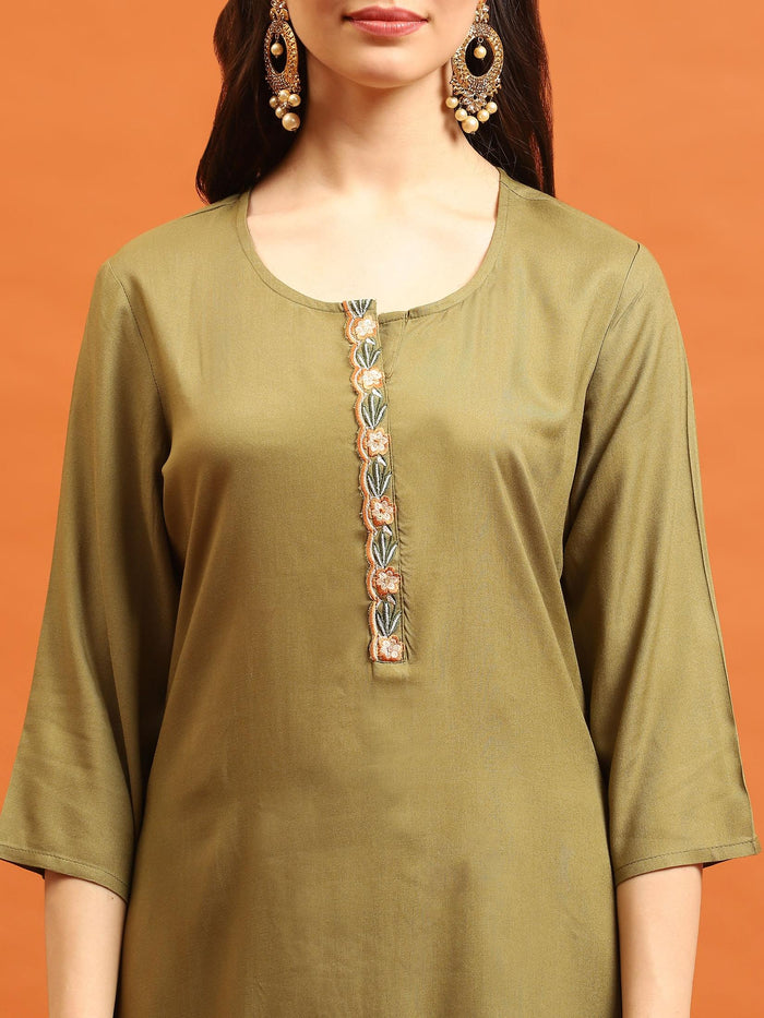 Women Olive Round Neck Kurta Trouser Dupatta.