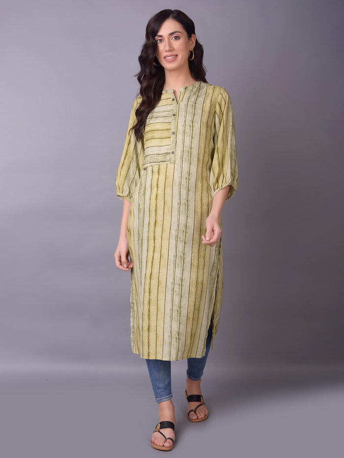 Women Olive Stripe Printed Kurta.