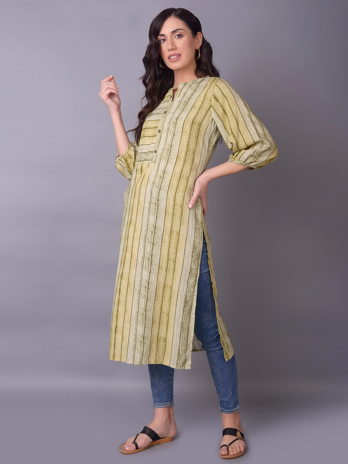 Women Olive Stripe Printed Kurta.