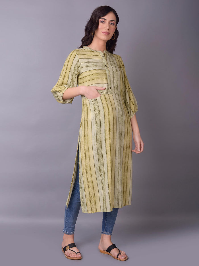 Women Olive Stripe Printed Kurta.