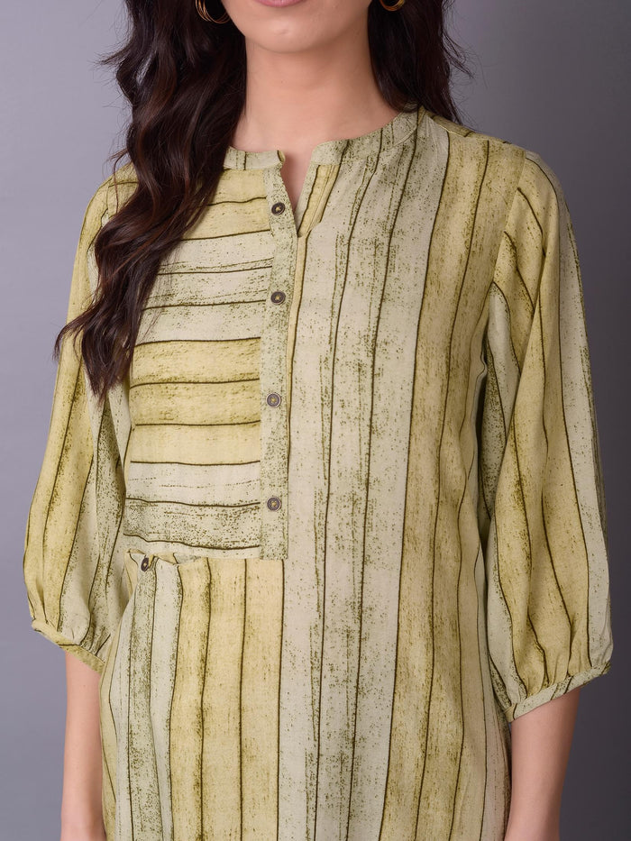 Women Olive Stripe Printed Kurta.