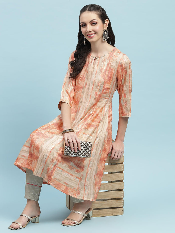 Women Orange Abstract Printed Kurta.