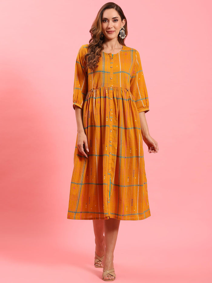 Women Orange Aztech Printed Dress.