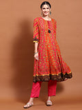 Women Orange Floral Print Kurta.