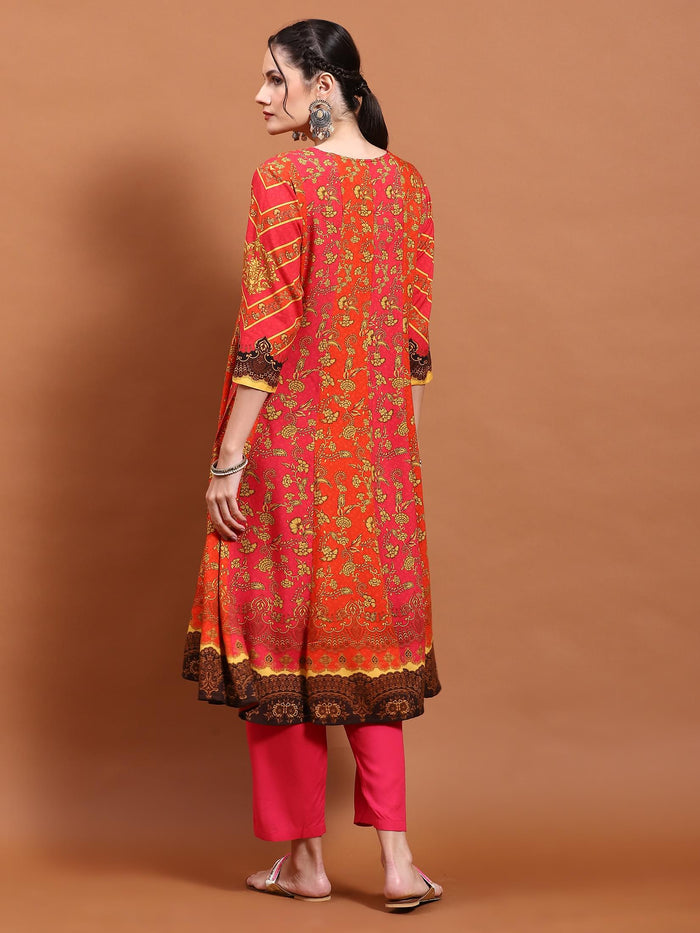 Women Orange Floral Print Kurta.