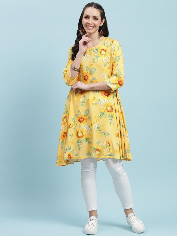 Women Orange Floral Print Kurta.