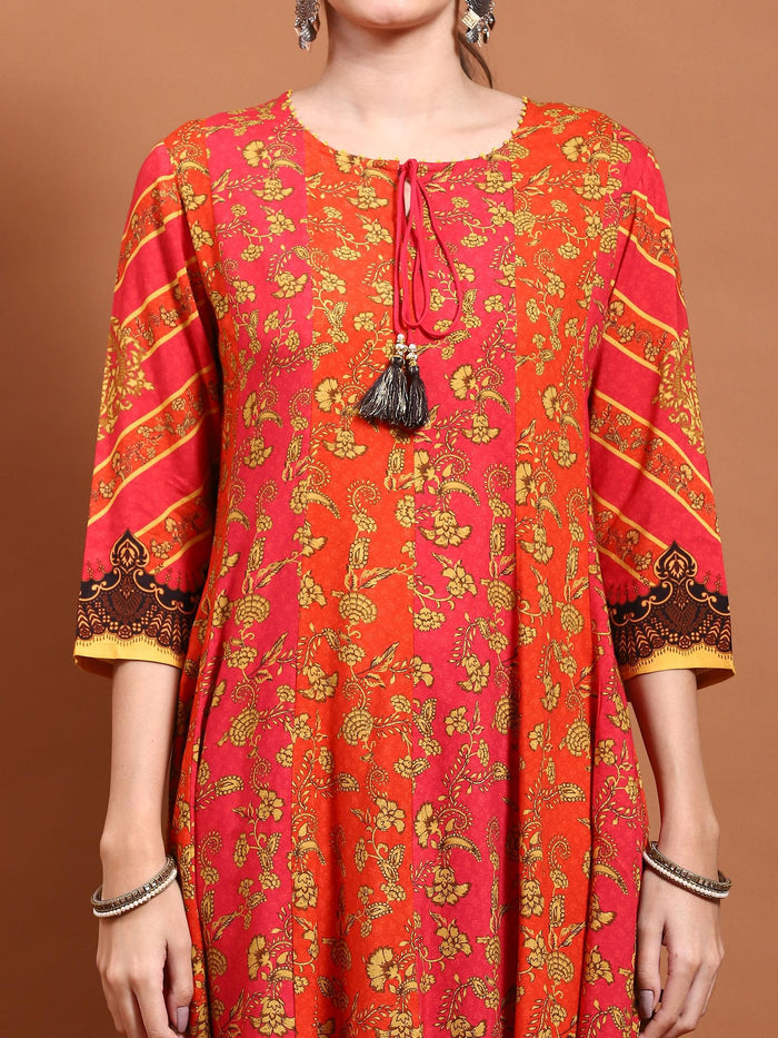 Women Orange Floral Print Kurta.