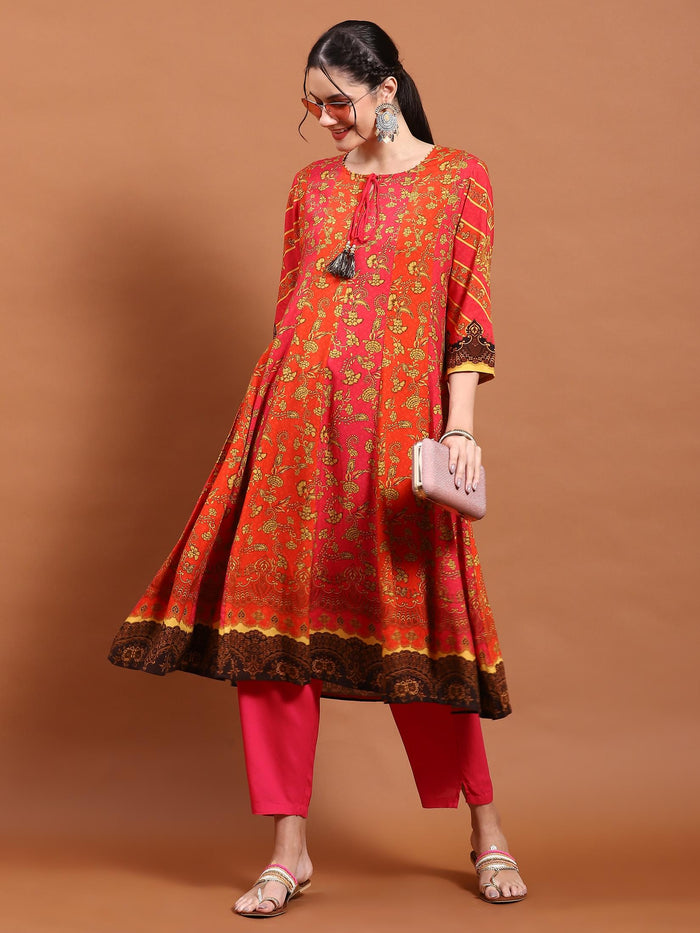 Women Orange Floral Print Kurta.