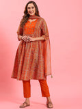 Women Orange Ornamental Printed Kurta Trouser Dupatta.